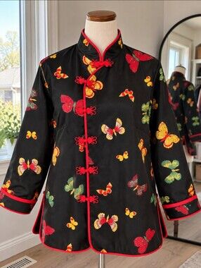 Women’s Handmade Butterfly Print Jacket Red Trim Frog Closures